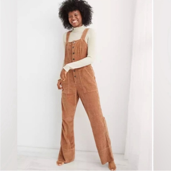aerie Pants - AERIE Tan Corduroy Kick Flare Bottom Bib Overalls Jumpsuit size XS